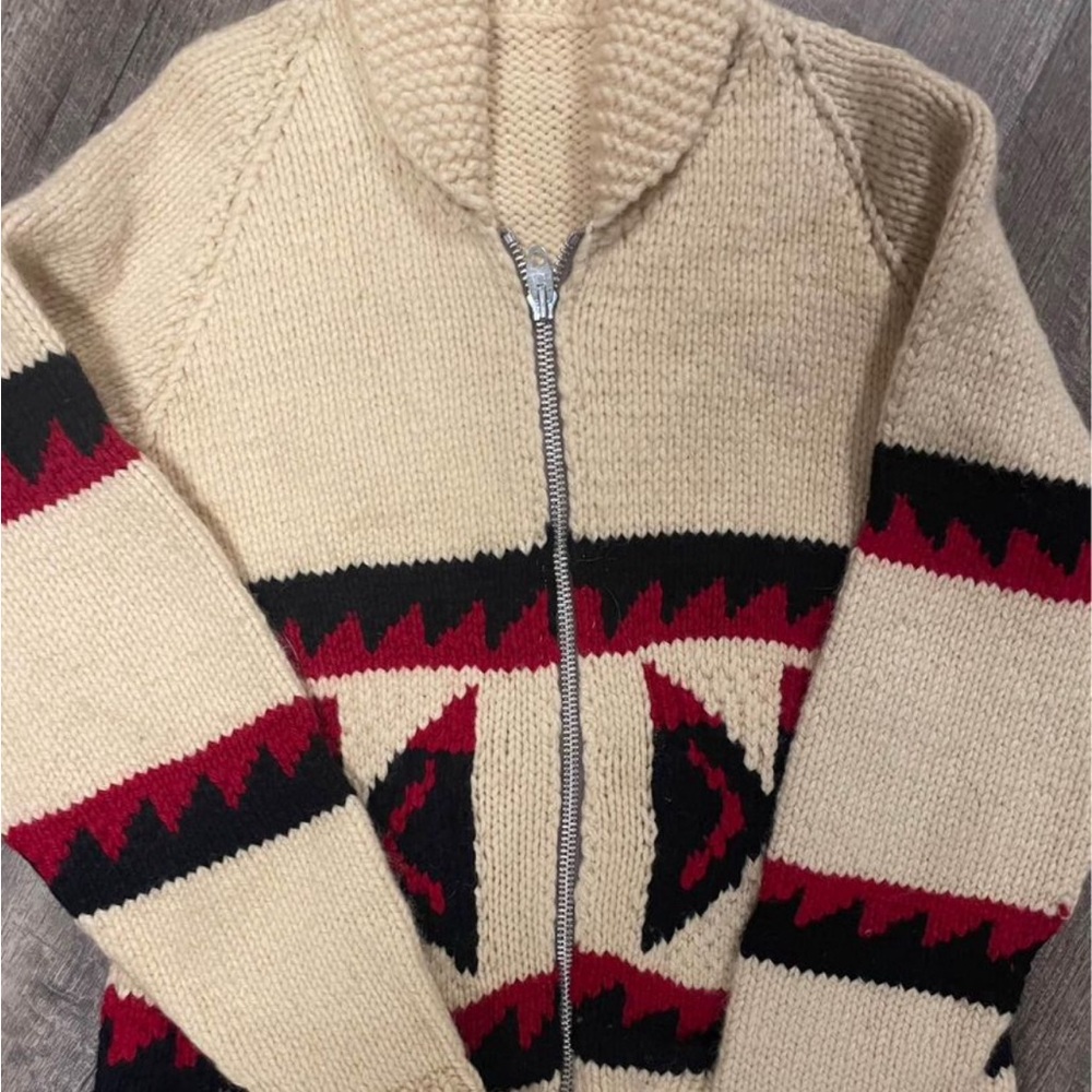 Vintage 1970s large handmade buffalo wool red, black, and cream zippered jacket